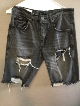 EST: NINETEEN, Faded Black, Cotton, Lycra, Heathered, SHORTS:  Aged/Distressed,  Faded Black Denim Jeans, Ripped Front Legs, Frayed Hem, See Photo Attached,