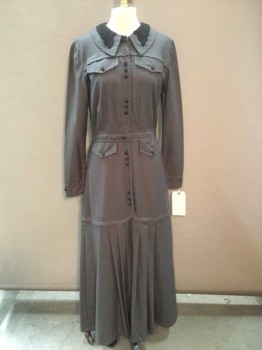 N/L, Dk Gray, Black, Polyester, Wool, Solid, Dark Gray W/black Lace Applicate On Collar Attached, 4 Sets Of 3 Black Cover Button Front, 4 Pockets Flap W/black Cover Buttons, 24" Pleats Bottom, Hook & Eye Closure Front, Long Sleeves,