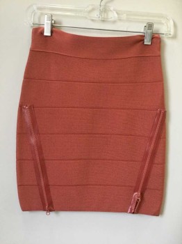 BEBE, Salmon Pink, Synthetic, Spandex, Stripes, Stretchy Knit, Self Horizontal Lines, 2 Zipper Details