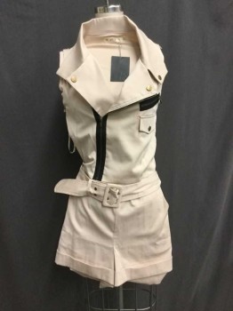 Womens, Romper, TCEC, Lt Beige, Black, Polyester, Solid, S, Sleeveless, Motorcycle Style Diagonal Zip Close Top, Cuffed Shorts, 4 Pockets On Shorts, 2 Faux Pockets On Top, MATCHING BELT, Side Zip, Brass Snaps