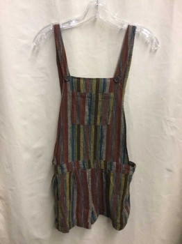 Womens, Overalls, BOUTIQUE XXI, Multi-color, Cotton, Polyester, Stripes, XS, Multi Color Stripe, Large Bib Pocket, Cuffed Shorts with Two Pockets