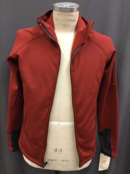 REI, Paprika Red, Dk Gray, Polyester, Solid, Zip Front, Hooded, 3 Zip Pocket 1 on Sleeve, Thumb Holes on Sleeves, Fleece Fuzz on the Inside