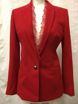 Womens, Suit, Jacket, The Kooples, Red, Polyester, Solid, 36, Peak Lapel, Red Lace Trim, 1 Button