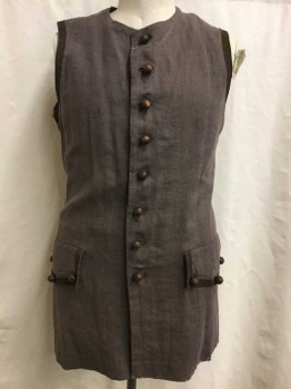 N/L, Brown, Dk Brown, Cotton, Leather, Solid, Zig-Zag , Dusty Brown Plain Weave Cotton, W/Brown Leather Trim W/Zig Zag Edges, Wood Buttons, 2 Faux Pocket Flaps At Hips, Lace Up Panel @ Center Back Waist, Solid Brown Lining