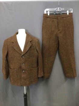 Childrens, Suit, Piece 1, 1890s-1910s, NO LABEL, Brown, Wool, Tweed, 38, 3 Button, Long Sleeves, Patch Pockets, Boys