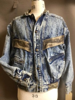 Mens, Jean Jacket, TEST 123, Indigo Blue, Lt Blue, Brown, Cotton, Leather, Acid Wash, S, Snap Front, Collar Attached, Aged Leather Accents at Collar, Chest, Sleeves and Waistband, 4 Pockets, 2 Ziip, 2 Vertical, Snap Cuffs, Yoke, Back Vents, Cotton Lining