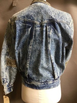 Mens, Jean Jacket, TEST 123, Indigo Blue, Lt Blue, Brown, Cotton, Leather, Acid Wash, S, Snap Front, Collar Attached, Aged Leather Accents at Collar, Chest, Sleeves and Waistband, 4 Pockets, 2 Ziip, 2 Vertical, Snap Cuffs, Yoke, Back Vents, Cotton Lining