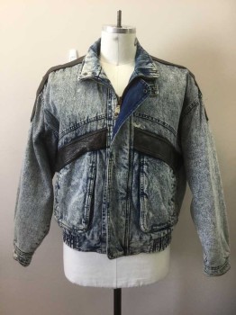 Mens, Jean Jacket, URBAN EQUIPMENT, Lt Blue, Denim Blue, Brown, Cotton, Leather, Acid Wash, C46, L, W42, Zip Front, Brown Leather Panel at Shoulders, Trim on 2 Oversized Pockets, Elastic Waist, Brown Quilted Lining, Measures 54" Chest
