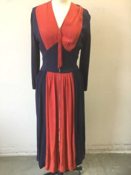 Womens, Sleepwear, N/L, Navy Blue, Red, Silk, Color Blocking, W:32, B:40, Crepe, L/S, Navy with Red Panels at Front Bust, Front Below Waist to Hem, Zip Front, V-neck with Gathered Shoulder Seam, Floor Length Hem,
