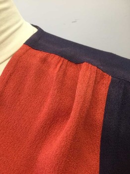 Womens, Sleepwear, N/L, Navy Blue, Red, Silk, Color Blocking, W:32, B:40, Crepe, L/S, Navy with Red Panels at Front Bust, Front Below Waist to Hem, Zip Front, V-neck with Gathered Shoulder Seam, Floor Length Hem,