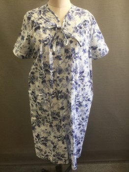 Womens, Housedress, FUNDAMENTALS, White, Periwinkle Blue, Violet Purple, Navy Blue, Cotton, Polyester, Floral, M, Shades of Purple/Periwinkle Flowers on White Background, Short Sleeves, Quilted Round Yoke at Neck/Shoulders, Snap Front, Short Sleeves, Quilted Detail at Cuffs and 2 Patch Pockets at Hips, Knee Length