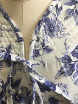 Womens, Housedress, FUNDAMENTALS, White, Periwinkle Blue, Violet Purple, Navy Blue, Cotton, Polyester, Floral, M, Shades of Purple/Periwinkle Flowers on White Background, Short Sleeves, Quilted Round Yoke at Neck/Shoulders, Snap Front, Short Sleeves, Quilted Detail at Cuffs and 2 Patch Pockets at Hips, Knee Length