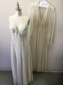 Womens, Nightgown, N/L, Ivory White, Lt Blue, Lt Pink, Lt Green, Polyester, Floral, Small, Made To Order,Peignoir 2 Piece, Negligee, Net with Floral Embroidery,  Lace Edge, Spaghetti Straps,