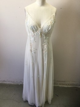 N/L, Ivory White, Lt Blue, Lt Pink, Lt Green, Polyester, Floral, Made To Order,Peignoir 2 Piece, Negligee, Net with Floral Embroidery,  Lace Edge, Spaghetti Straps,
