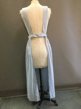 Womens, Apron 1890s-1910s, MTO, Lt Blue, White, Black, Cotton, Stripes, W: 26, Bib Front, Gathered at Waistband, 1 Small Pocket, Crossover Button Back, Straps Attached to Waistband Back and Pleated at Front Waist