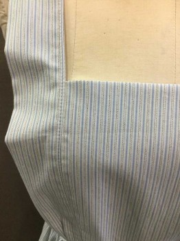 Womens, Apron 1890s-1910s, MTO, Lt Blue, White, Black, Cotton, Stripes, W: 26, Bib Front, Gathered at Waistband, 1 Small Pocket, Crossover Button Back, Straps Attached to Waistband Back and Pleated at Front Waist