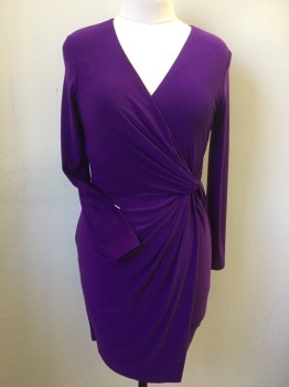 LAUREN, Purple, Polyester, Elastane, Solid, Purple, Over Lap V-neck with a Twisted Detail Work @ Left Waist Over Flap Skirt, Pullover, Long Sleeves,
