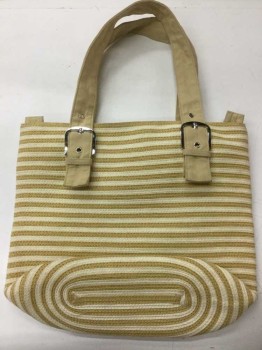 Womens, Purse, SOMETHING SPECIAL, Tan Brown, White, Straw, Cotton, Stripes - Horizontal , Solid, Horizontal Tan and White Striped Paper Straw, Solid Tan Canvas 1.5" Straps with Silver Metal Hardwear