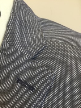 ZARA, Slate Gray, White, Cotton, Polyester, Birds Eye Weave, Slate Bluish Gray with White Birdseye Weave, Single Breasted, Notched Lapel, 2 Buttons,  4 Pockets, Welt Pocket at Chest Has Faux White Pocket Square Detail, Lining is Gray with Dark Gray Squares/Diamonds Pattern