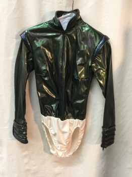N.L, Green, Iridescent Purple, Plastic, Solid, Stand Collar, Zipfront L/s, Piping on Sleeves Cream Underwear Attached Zipper on Sleeves Shoulder Pad Detail