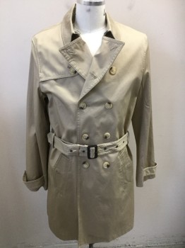 Mens, Coat, Trenchcoat, BEN SHERMAN, Lt Khaki Brn, Cotton, 42R, Double Breasted, Self Belt, Twill Weave, Missing Extra Button in Lining