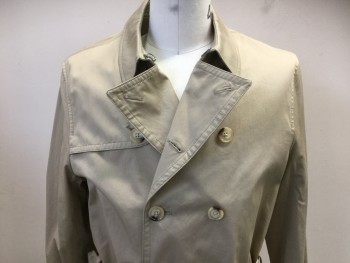 Mens, Coat, Trenchcoat, BEN SHERMAN, Lt Khaki Brn, Cotton, 42R, Double Breasted, Self Belt, Twill Weave, Missing Extra Button in Lining