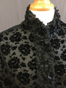 Womens, Cape 1890s-1910s, N/L, Black, Silk, Wool, Floral, OS, Flocked Rose Pattern, Stand Collar, Hook & Eyes, Short, Tails in Front, Inside Tie Around Waist, Looped Ribbon Edges