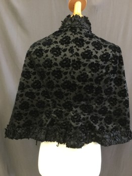 Womens, Cape 1890s-1910s, N/L, Black, Silk, Wool, Floral, OS, Flocked Rose Pattern, Stand Collar, Hook & Eyes, Short, Tails in Front, Inside Tie Around Waist, Looped Ribbon Edges