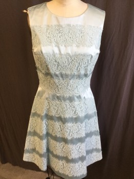 KAREN MILLER, Baby Blue, Cotton, Polyester, Solid, Floral, Round Neck,  Sleeveless, Baby Blue with Panel Baby Blue Lace Horizontal Stripes, Flair Bottom, Zip Back,