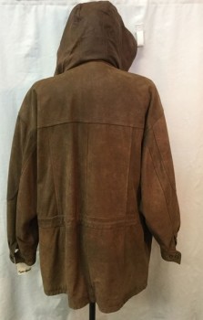 Mens, Leather Jacket, GEORGETOWN LEATHER D, Brown, Leather, Solid, XL, Zip/snap Front, Removable Hood, Drawstring at Waist, Big Patch Flap Pockets, Snap Cuffs, Parka, Heavy