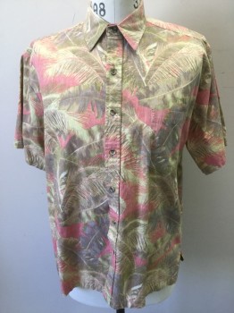 COOKE STREET, Pink, Lime Green, Lt Brown, Cotton, Leaves/Vines , Reverse Side of Palm Leaf Print, Short Sleeves, Collar Attached, Button Front, 1 Pocket,