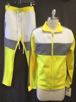REBEL MINDS, Neon Yellow, White, Gray, Polyester, Spandex, Solid, Color Blocking, Tracksuit, Long Sleeves, Full Zip Front Polo, 2 Pockets, Geometric Paneling