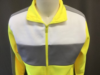 REBEL MINDS, Neon Yellow, White, Gray, Polyester, Spandex, Solid, Color Blocking, Tracksuit, Long Sleeves, Full Zip Front Polo, 2 Pockets, Geometric Paneling