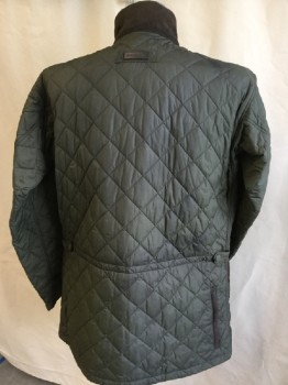 BARBOUR, Olive Green, Dk Brown, Nylon, Suede, Color Blocking, Olive Quilted, Collar Attached, Zip Front, 2 Pockets Front, and 1 in the Back with Zipper,  Long Sleeves,