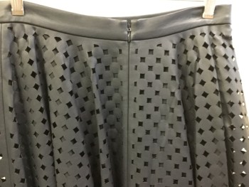 CLUB MONACO, Black, Faux Leather, Polyester, Geometric, Solid, Black Cut-out Circle/diamond Pattern, with Black Lining, Bias Cut, 1.5" Waist Band, Zip Back,