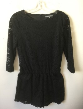 Womens, Romper, MICHAEL STARS, Black, Nylon, Cotton, Solid, S, Lace, 3/4 Sleeves, Bateau/Boat Neck, Dropped Waist, Elastic Waist, Shorts Have a 3" Inseam, Scallopped Leg Openings