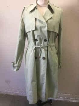 THE KORNER, Lt Khaki Brn, Cotton, Elastane, Solid, Double Breasted, 4 Buttons, Drawstring Waist, Epaulets, Straps at Cuffs, Has a Touch of Green in the Khaki
