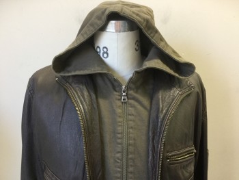 DANIER, Dk Brown, Olive Green, Leather, Cotton, Solid, Dark Brown Leather, with Brown Lining, Collar Attached, 4 Pockets, 1 Pocket on Long Sleeves, Olive Hood & Inside Front Placket, Double Zip Front,
