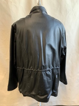 LEATHER RANCH, Black, Leather, Solid, Hip Length, Zip Front with Snap Placket, Stand Collar, 4 Pockets, Interior Drawstring Waist, Long Sleeves, Closed Cuff