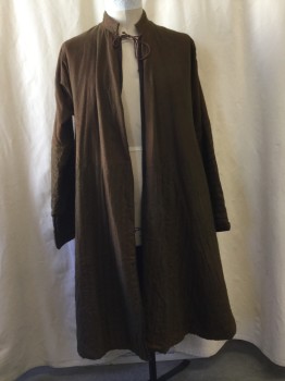 Mens, Historical Fiction Robe, ATELIER CARACO PARIS, Olive Green, Dk Red, Cotton, Herringbone, 42/44, Stand Collar, Tie Close at Neck, Extra Long Sleeves with Slits at Wrists, Quilted Skirt and 1/2 of Sleeves, Full Flare, Fantasy Exotic Merchant of the Ottoman Empire