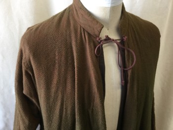 Mens, Historical Fiction Robe, ATELIER CARACO PARIS, Olive Green, Dk Red, Cotton, Herringbone, 42/44, Stand Collar, Tie Close at Neck, Extra Long Sleeves with Slits at Wrists, Quilted Skirt and 1/2 of Sleeves, Full Flare, Fantasy Exotic Merchant of the Ottoman Empire