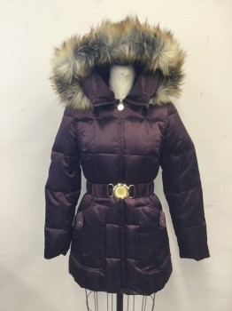 Womens, Coat, Winter, LAUNDRY, Eggshell White, Nylon, Solid, XS, Down Filled, Quilted, Zip Front, Long Sleeves, 2 Pockets, Large Stand Collar, Zip Detachable Hood with Faux Fur Collar, Elastic Back Waist with Attached Elastic Belt, Large Circular Gold Buckle