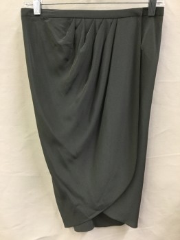 THE ROW, Gray, Silk, Solid, Gray, Diagonal Pleat Front, Overlap/wrap  with 1 Hook Closure to Left, Uneven Hem,