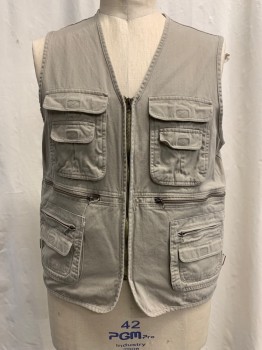 N/L FOX 29, Lt Khaki Brn, Cotton, Solid, Fishing Vest, Zip Front, V-neck, 6+ Pockets