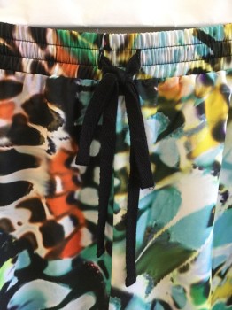 BEBE, Aqua Blue, Yellow, Orange, Olive Green, Black, Nylon, Polyester, Abstract , 3 Tiers Elastic Waist Band with Black D-string, 2 Side Pockets