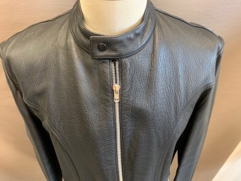 MR OH, Black, Leather, Solid, Pebble Grain Leather, Zip Front, Collar Band, 2 Zip Pockets, Zip Cuffs