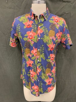 BONOBOS, Blue, Pink, Green, Red, White, Cotton, Tropical , Flowers and Pineapples, Button Front, Collar Attached, Short Sleeves, Multiple