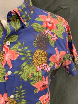 BONOBOS, Blue, Pink, Green, Red, White, Cotton, Tropical , Flowers and Pineapples, Button Front, Collar Attached, Short Sleeves, Multiple