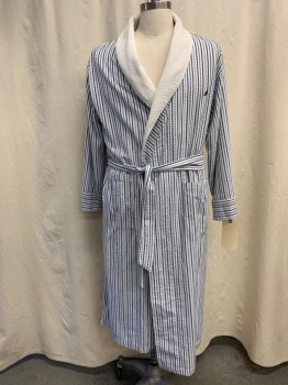 NAUTICA, White, Navy Blue, Sky Blue, Cotton, Stripes - Vertical , Crimped Stripe, Surplice Shawl Collar, Long Sleeves, 2 Patch Pocket, Belted Waist, Terry Cloth Lining, Below the Knee