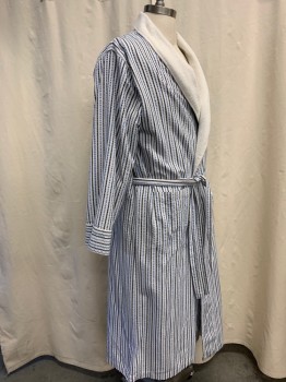 NAUTICA, White, Navy Blue, Sky Blue, Cotton, Stripes - Vertical , Crimped Stripe, Surplice Shawl Collar, Long Sleeves, 2 Patch Pocket, Belted Waist, Terry Cloth Lining, Below the Knee